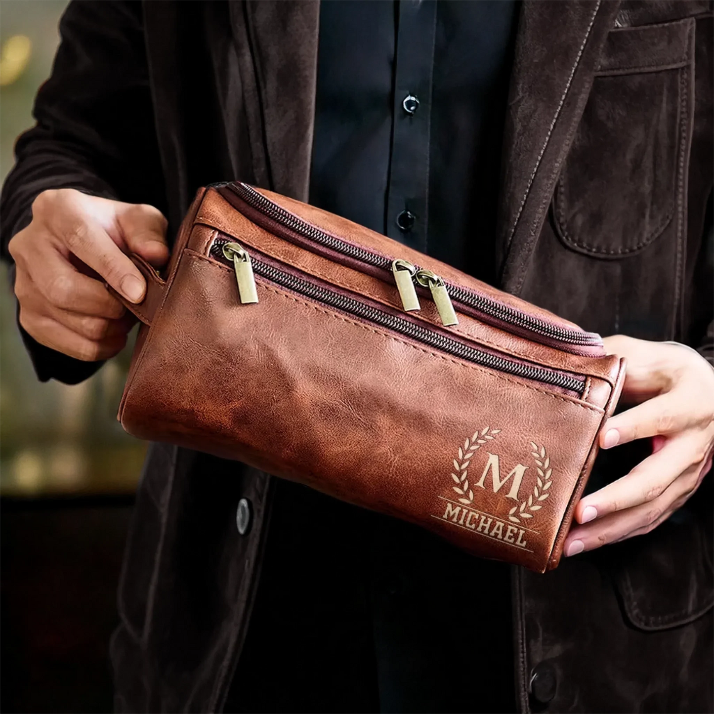 Custom Engraved Leather Toiletry Bag - Personalized Birthday Gifts For Dad, Brother, Grandpa, Husband - Built For Every Path